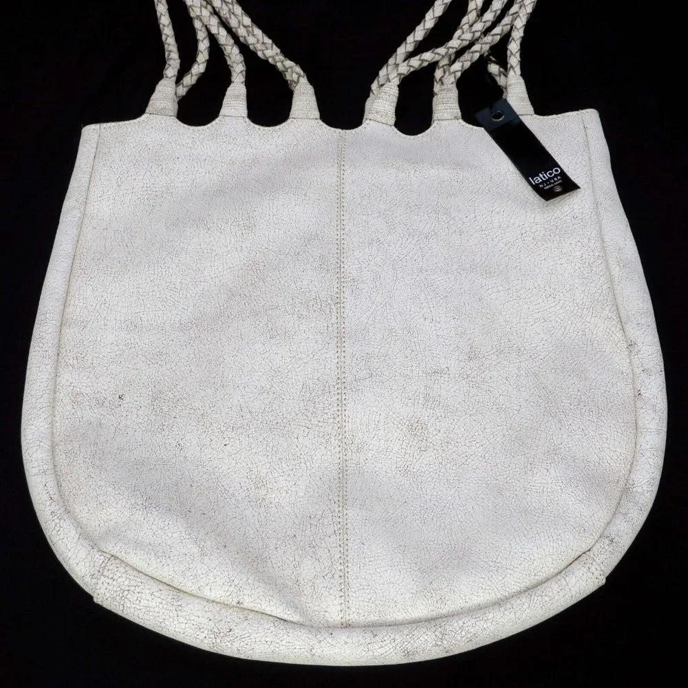 Latico Crackle White Ginny Leather Tote Bag Braided Handle Straps Shoulder Purse - Picture 2 of 5